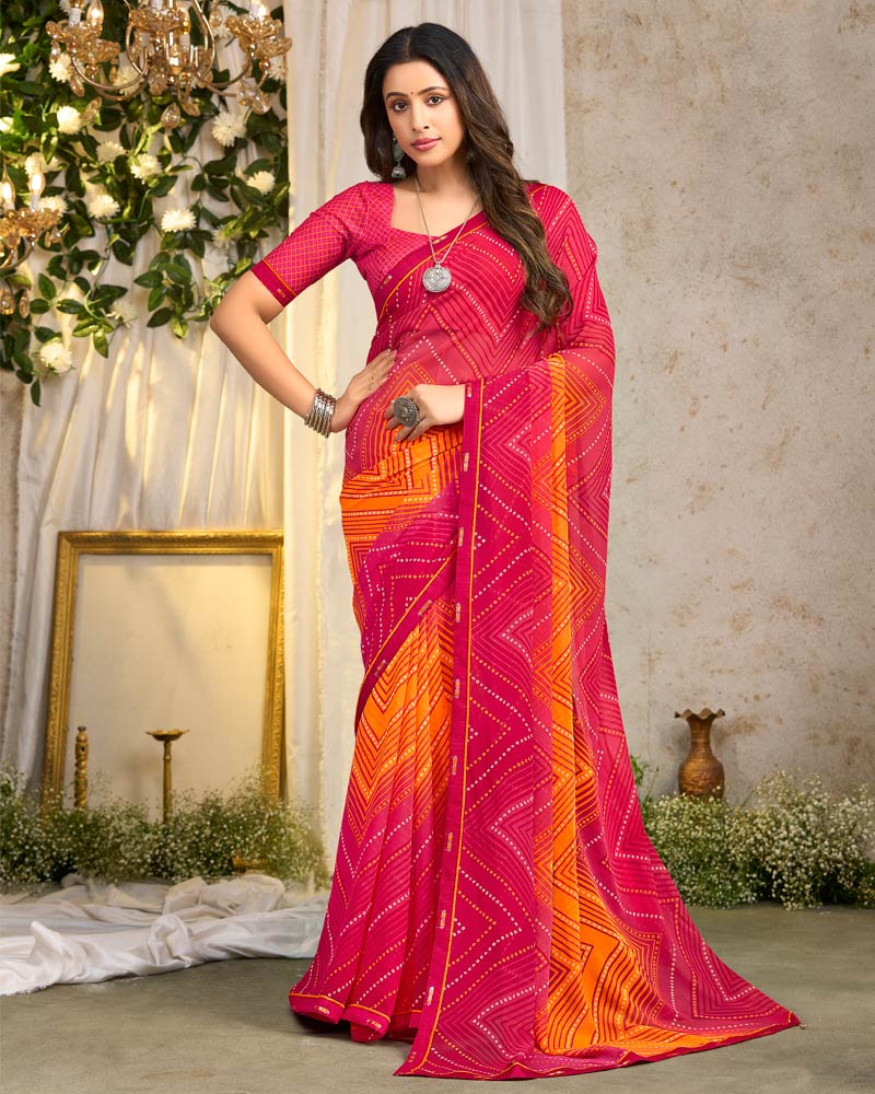 Vishal Prints Raspberry Pink Printed Georgette Saree With Fancy Border