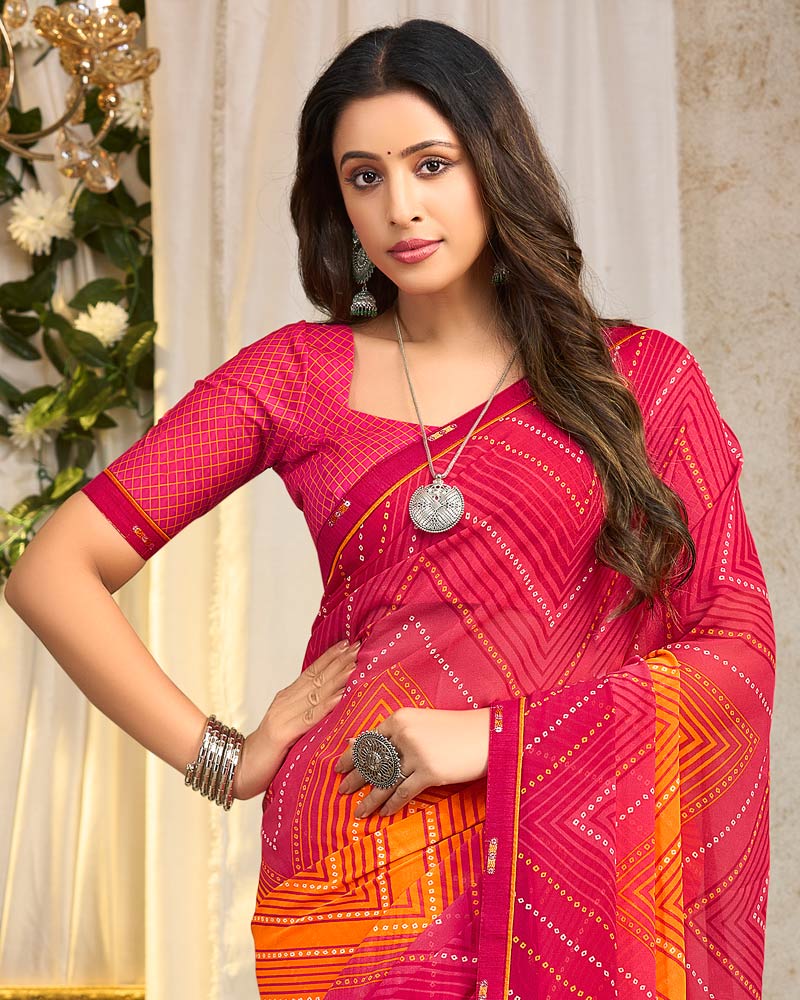 Vishal Prints Raspberry Pink Printed Georgette Saree With Fancy Border
