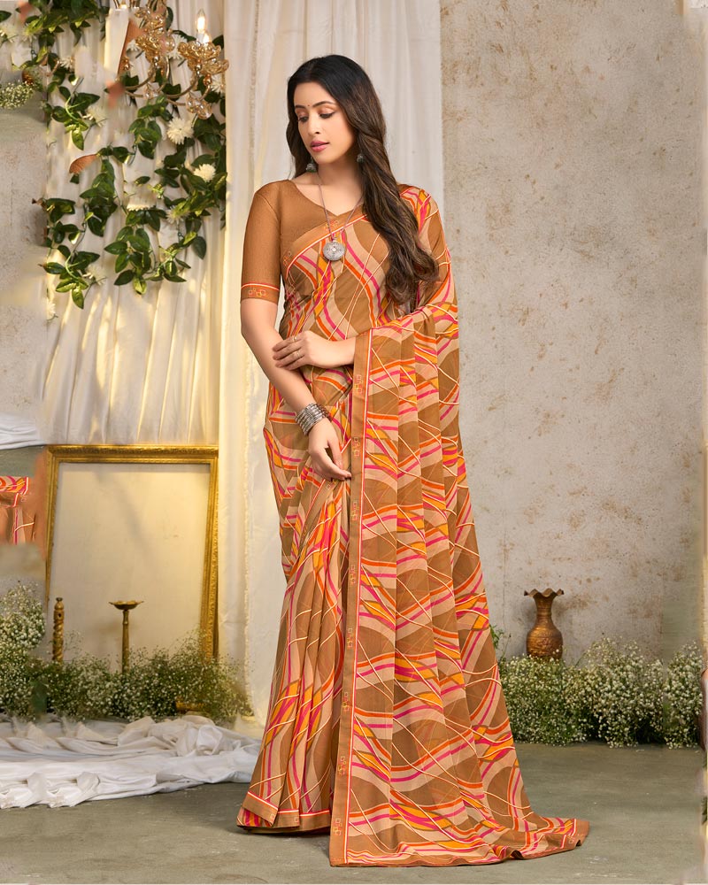 Vishal Prints Light Orangey Brown Printed Georgette Saree With Fancy Border