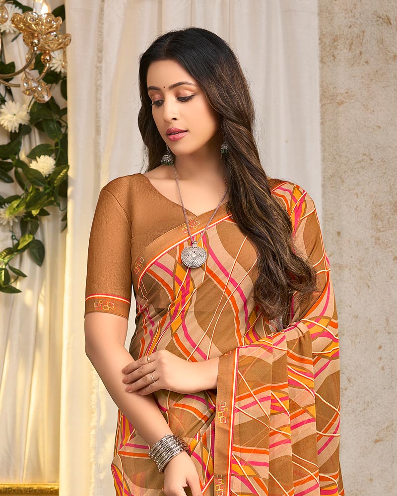 Vishal Prints Light Orangey Brown Printed Georgette Saree With Fancy Border