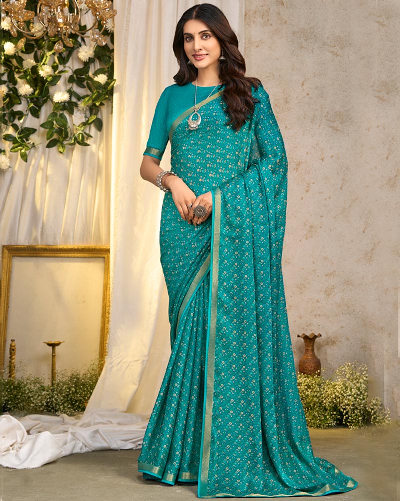 Vishal Prints Ocean Blue Printed Georgette Saree With Fancy Border