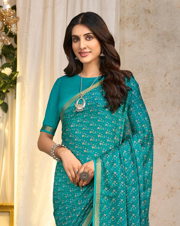 Vishal Prints Ocean Blue Printed Georgette Saree With Fancy Border