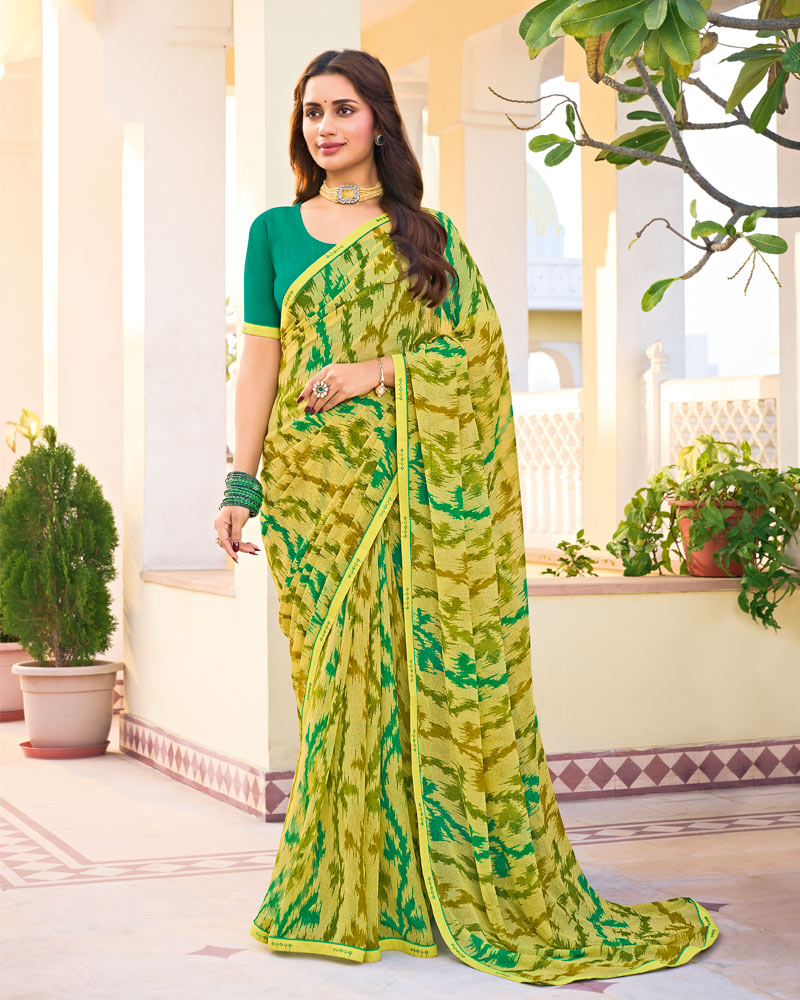 Vishal Prints Light Olive Yellow Printed Georgette Saree With Fancy Border