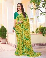 Vishal Prints Light Olive Yellow Printed Georgette Saree With Fancy Border