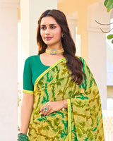Vishal Prints Light Olive Yellow Printed Georgette Saree With Fancy Border