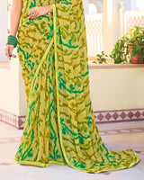 Vishal Prints Light Olive Yellow Printed Georgette Saree With Fancy Border