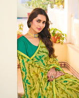 Vishal Prints Light Olive Yellow Printed Georgette Saree With Fancy Border