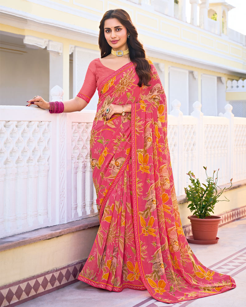 Vishal Prints Mandy Pink Printed Georgette Saree With Fancy Border