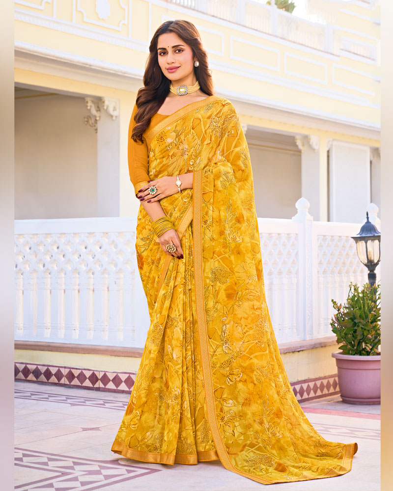 Vishal Prints Tulip Yellow Printed Georgette Saree With Fancy Border