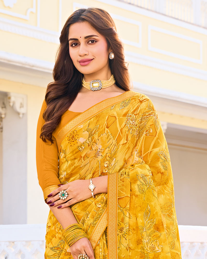 Vishal Prints Tulip Yellow Printed Georgette Saree With Fancy Border