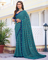 Vishal Prints Teal Blue Printed Georgette Saree With Fancy Border