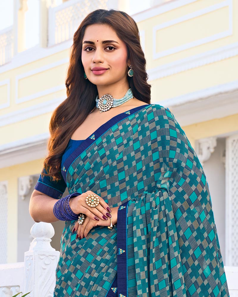 Vishal Prints Teal Blue Printed Georgette Saree With Fancy Border