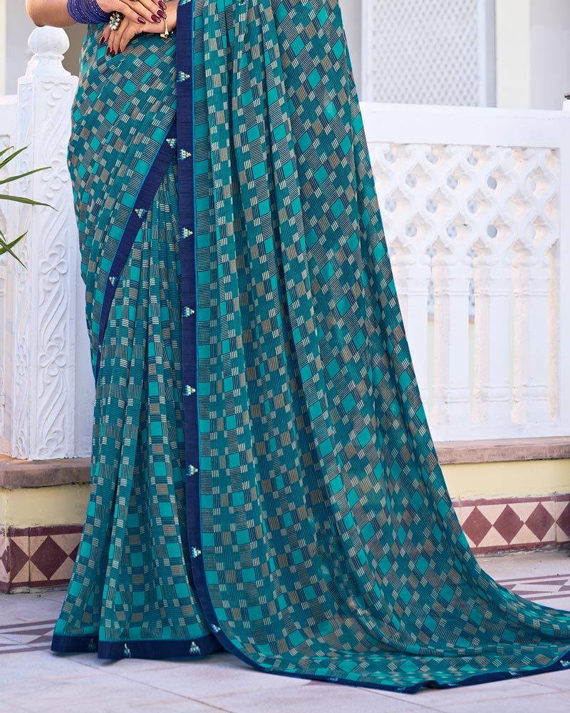 Vishal Prints Teal Blue Printed Georgette Saree With Fancy Border