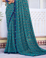 Vishal Prints Teal Blue Printed Georgette Saree With Fancy Border