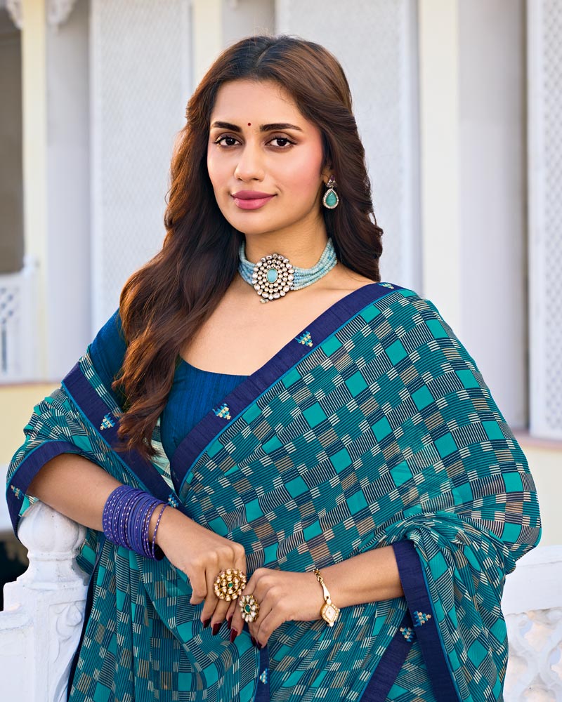 Vishal Prints Teal Blue Printed Georgette Saree With Fancy Border
