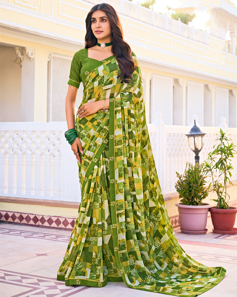 Vishal Prints Olive Green Printed Georgette Saree With Fancy Border