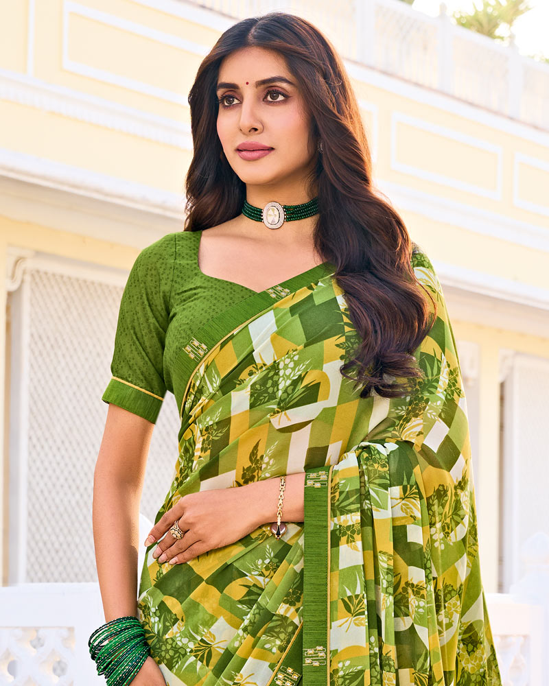 Vishal Prints Olive Green Printed Georgette Saree With Fancy Border
