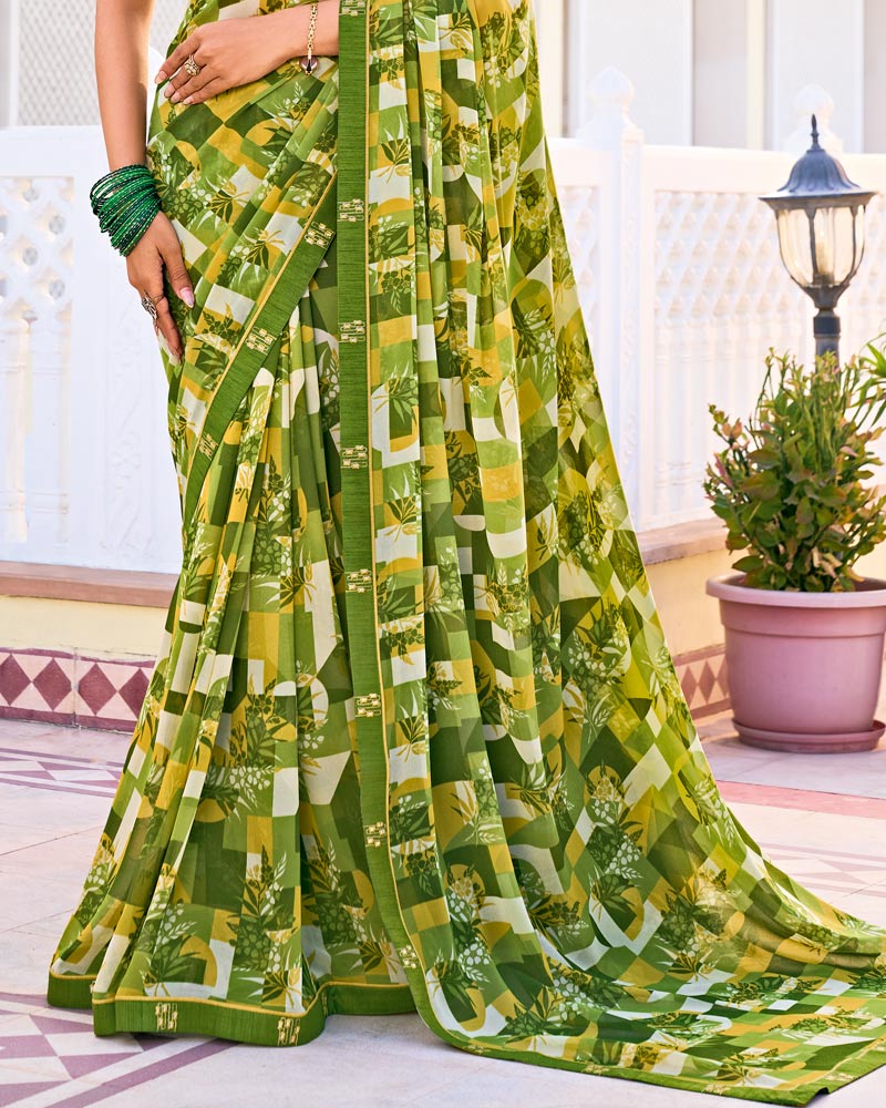 Vishal Prints Olive Green Printed Georgette Saree With Fancy Border