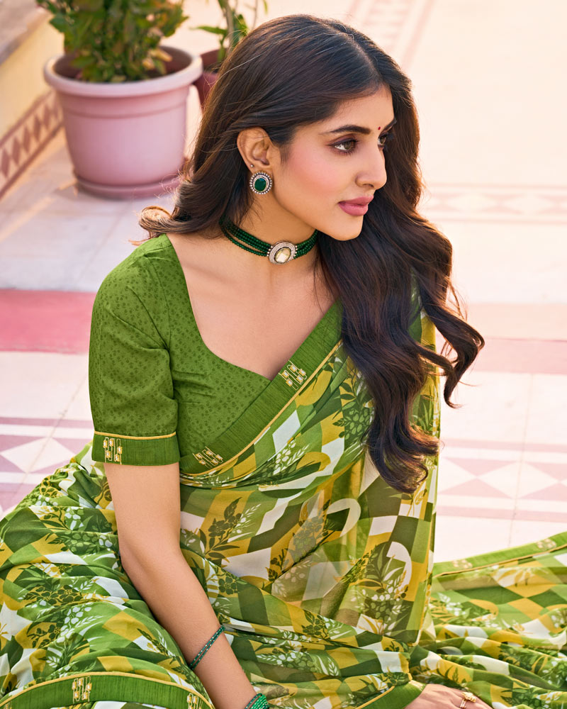 Vishal Prints Olive Green Printed Georgette Saree With Fancy Border