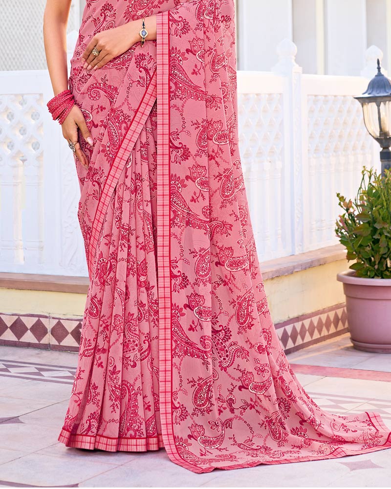 Vishal Prints Blush Pink Printed Georgette Saree With Fancy Border