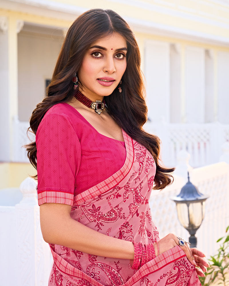 Vishal Prints Blush Pink Printed Georgette Saree With Fancy Border