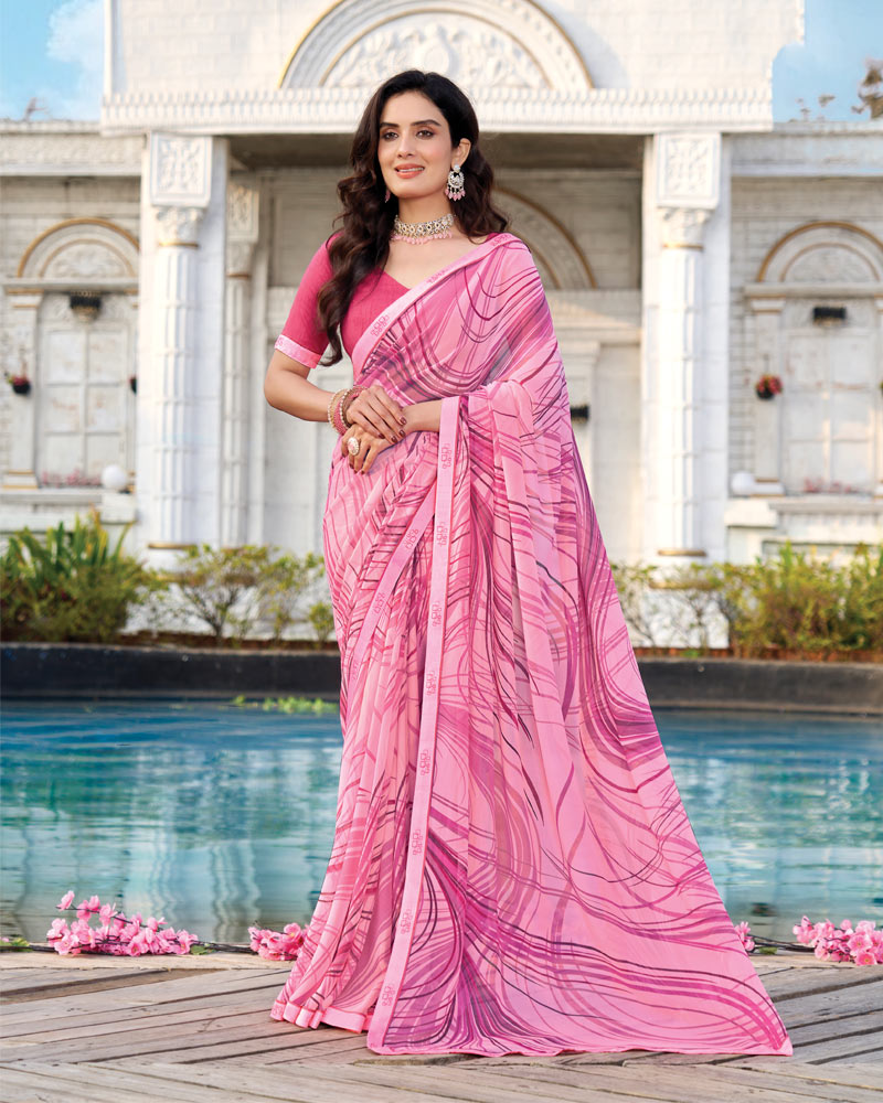 Vishal Prints Cherry Blossom Pink Printed Georgette Saree With Fancy Border