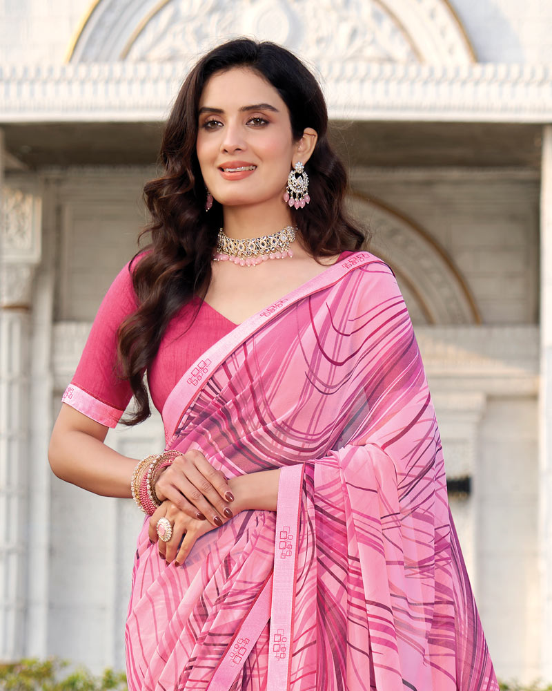 Vishal Prints Cherry Blossom Pink Printed Georgette Saree With Fancy Border
