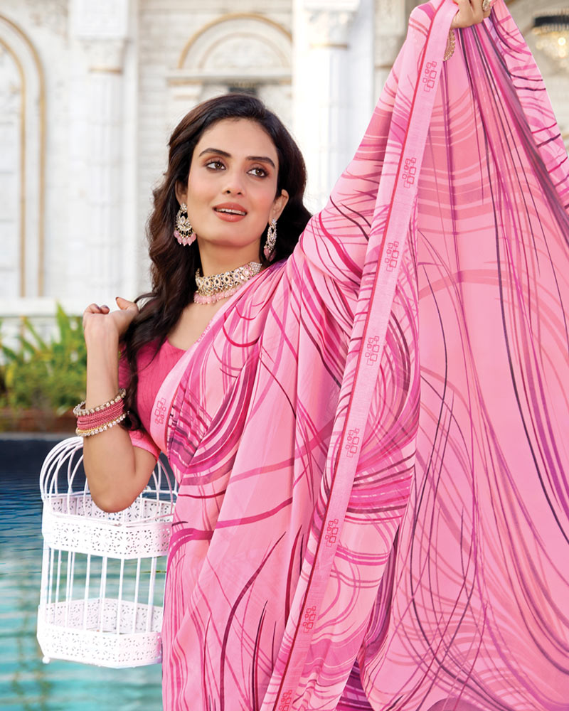 Vishal Prints Cherry Blossom Pink Printed Georgette Saree With Fancy Border