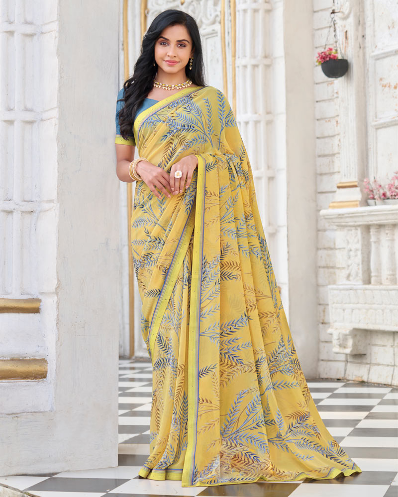 Vishal Prints Butter Yellow Printed Georgette Saree With Fancy Border