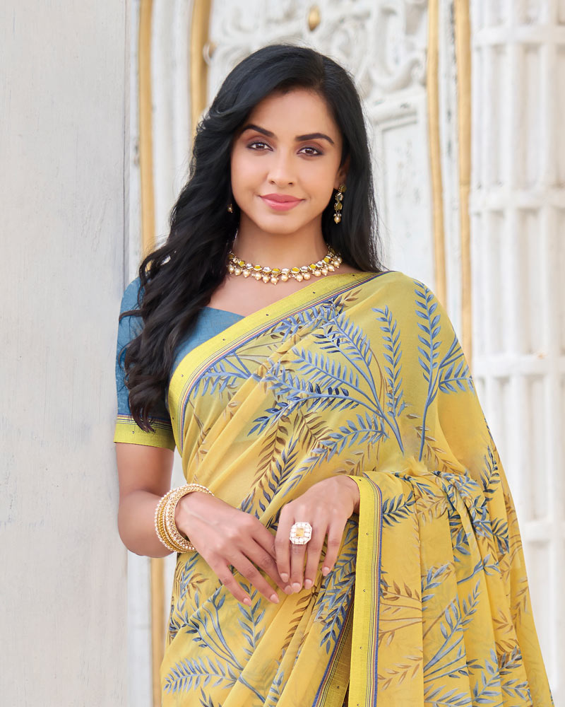 Vishal Prints Butter Yellow Printed Georgette Saree With Fancy Border