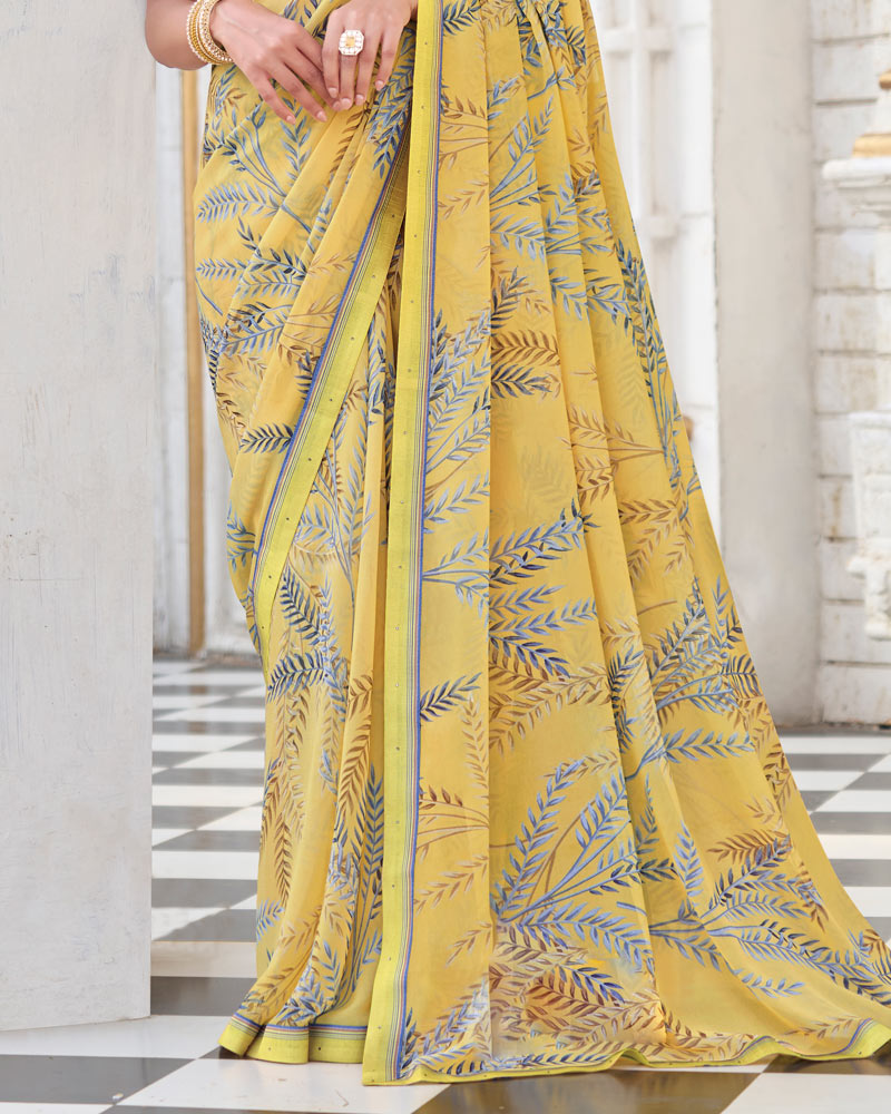 Vishal Prints Butter Yellow Printed Georgette Saree With Fancy Border