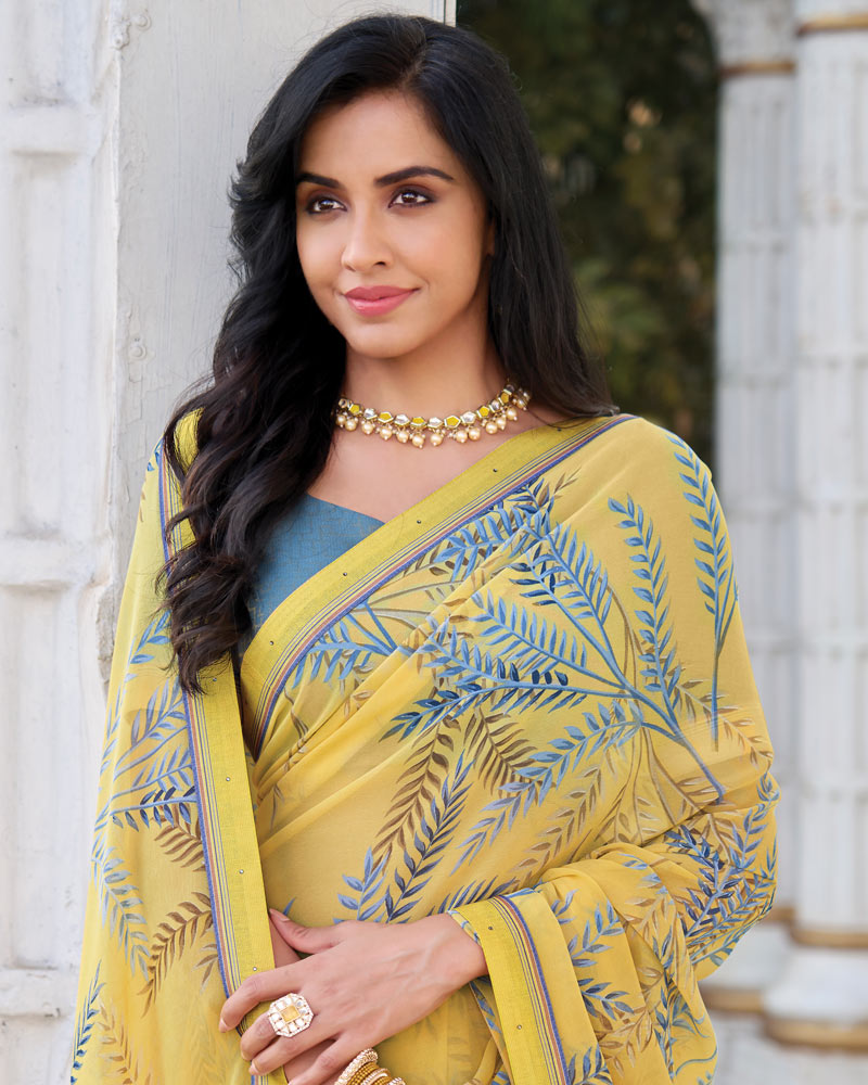 Vishal Prints Butter Yellow Printed Georgette Saree With Fancy Border