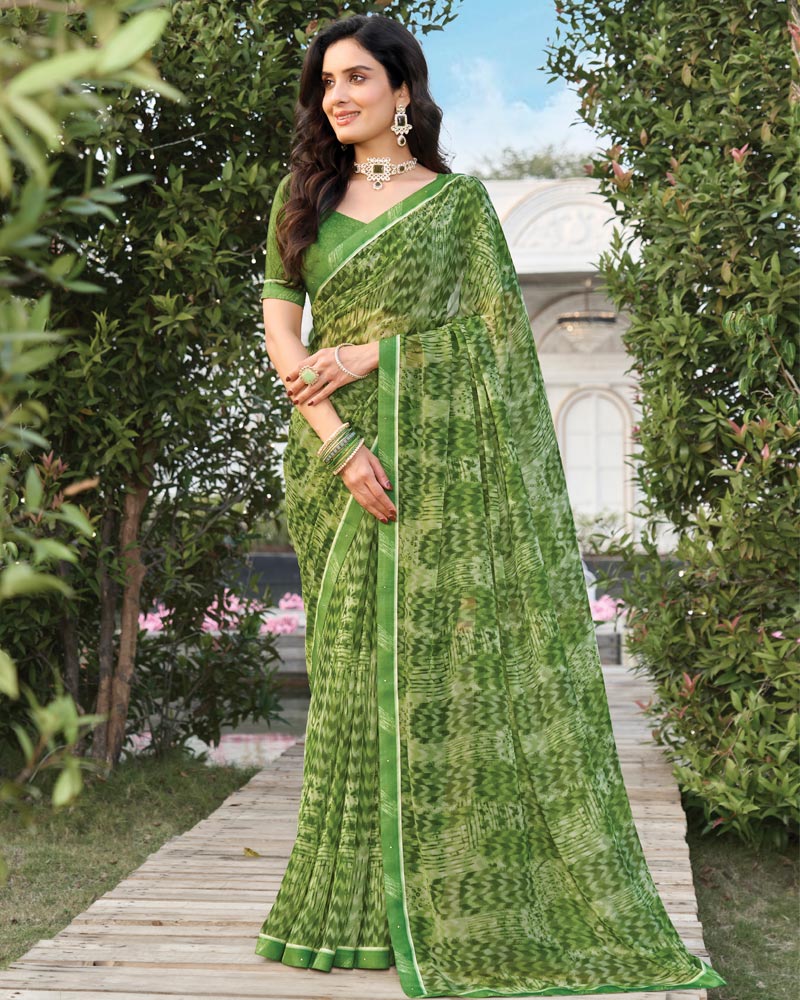 Vishal Prints Forest Green Printed Georgette Saree With Fancy Border