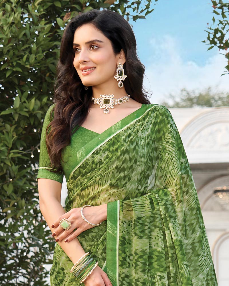 Vishal Prints Forest Green Printed Georgette Saree With Fancy Border