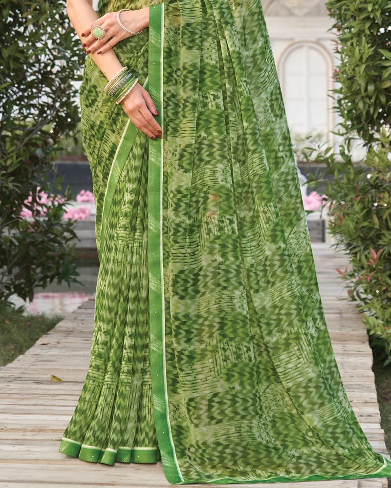 Vishal Prints Forest Green Printed Georgette Saree With Fancy Border
