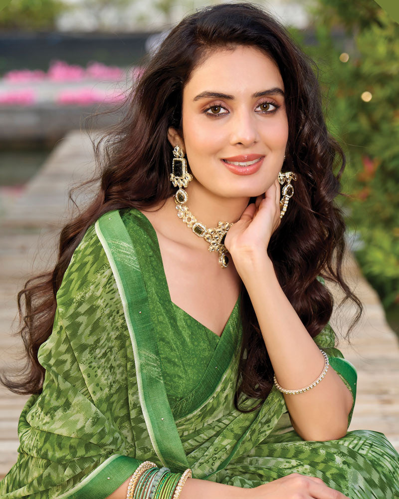 Vishal Prints Forest Green Printed Georgette Saree With Fancy Border