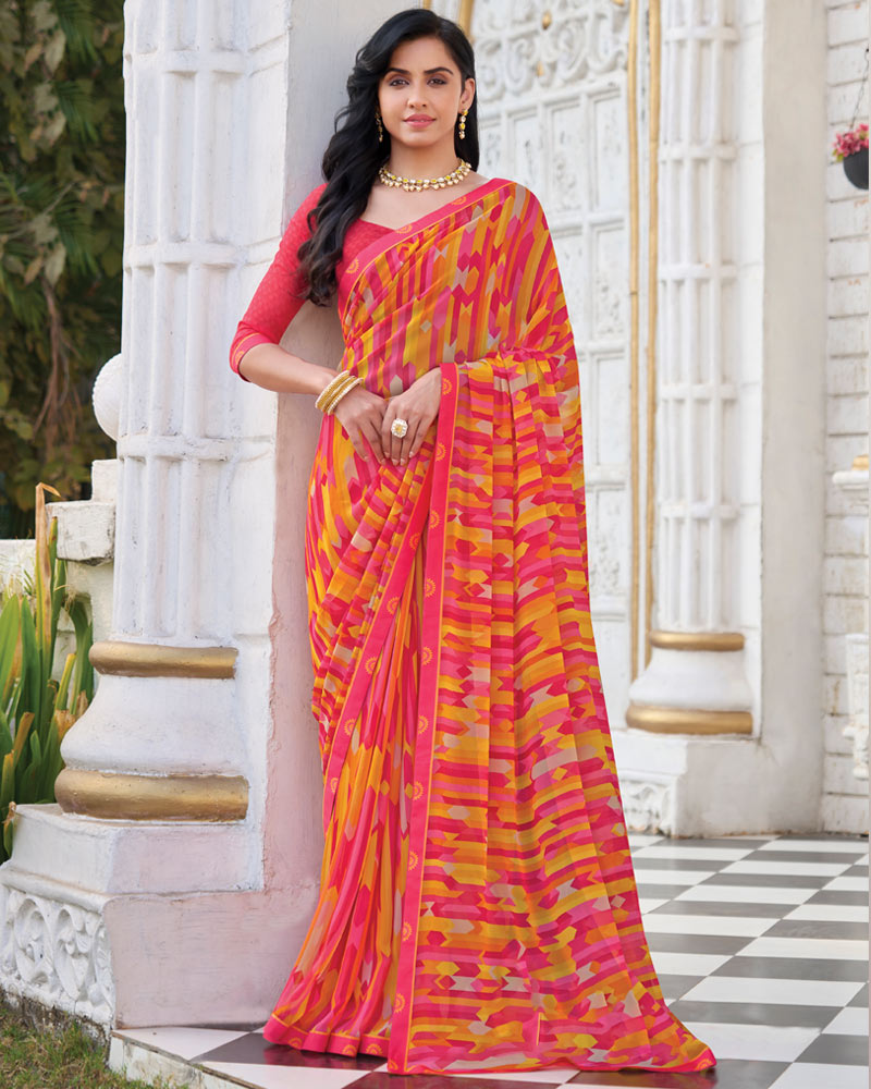 Vishal Prints Shaded Pink Printed Georgette Saree With Fancy Border