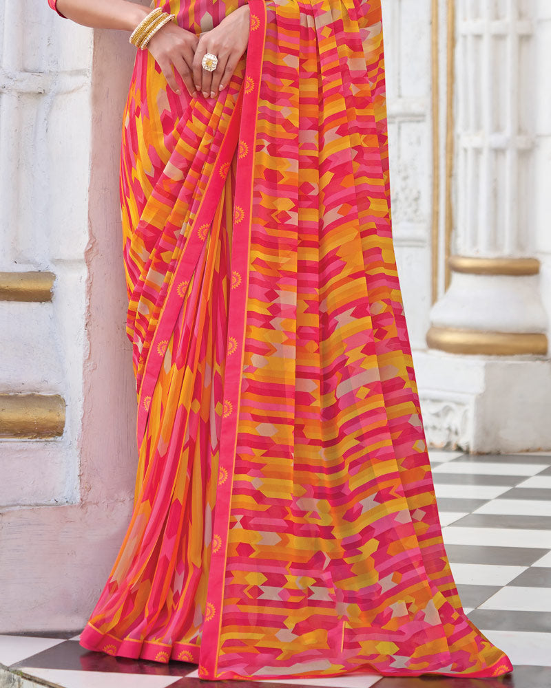 Vishal Prints Shaded Pink Printed Georgette Saree With Fancy Border