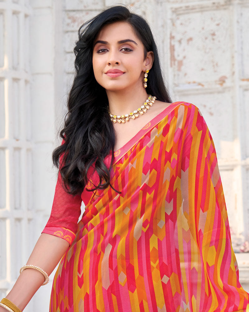 Vishal Prints Shaded Pink Printed Georgette Saree With Fancy Border