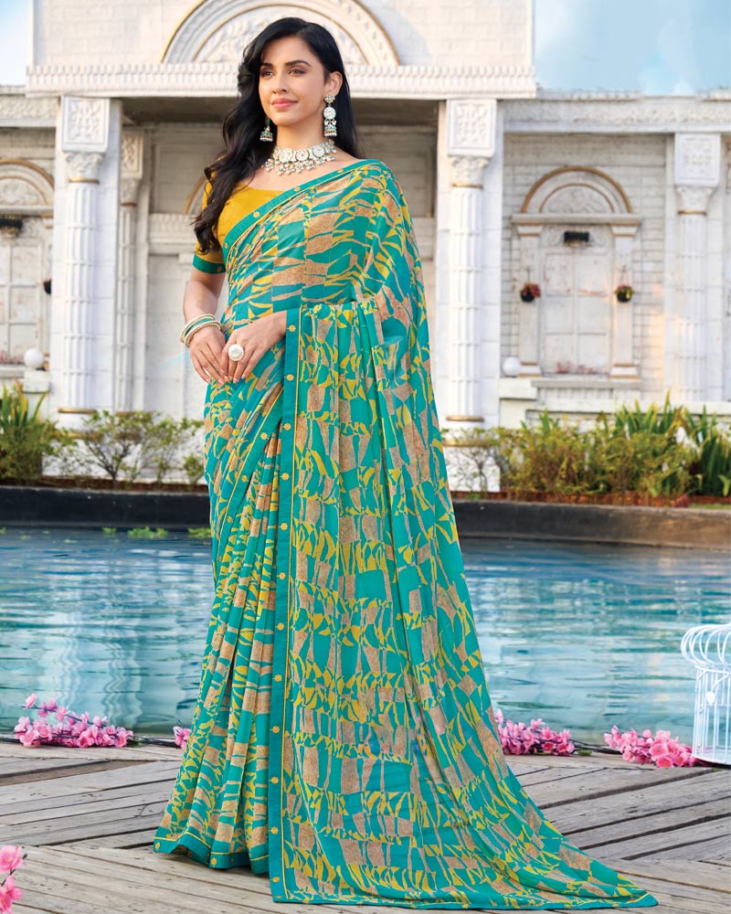 Vishal Prints Teal Green Printed Georgette Saree With Fancy Border