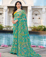 Vishal Prints Teal Green Printed Georgette Saree With Fancy Border