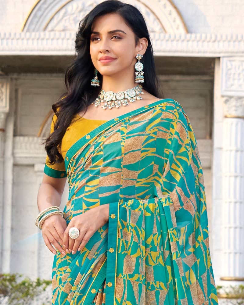 Vishal Prints Teal Green Printed Georgette Saree With Fancy Border
