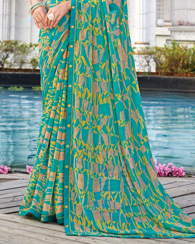 Vishal Prints Teal Green Printed Georgette Saree With Fancy Border