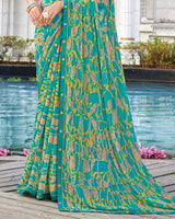 Vishal Prints Teal Green Printed Georgette Saree With Fancy Border
