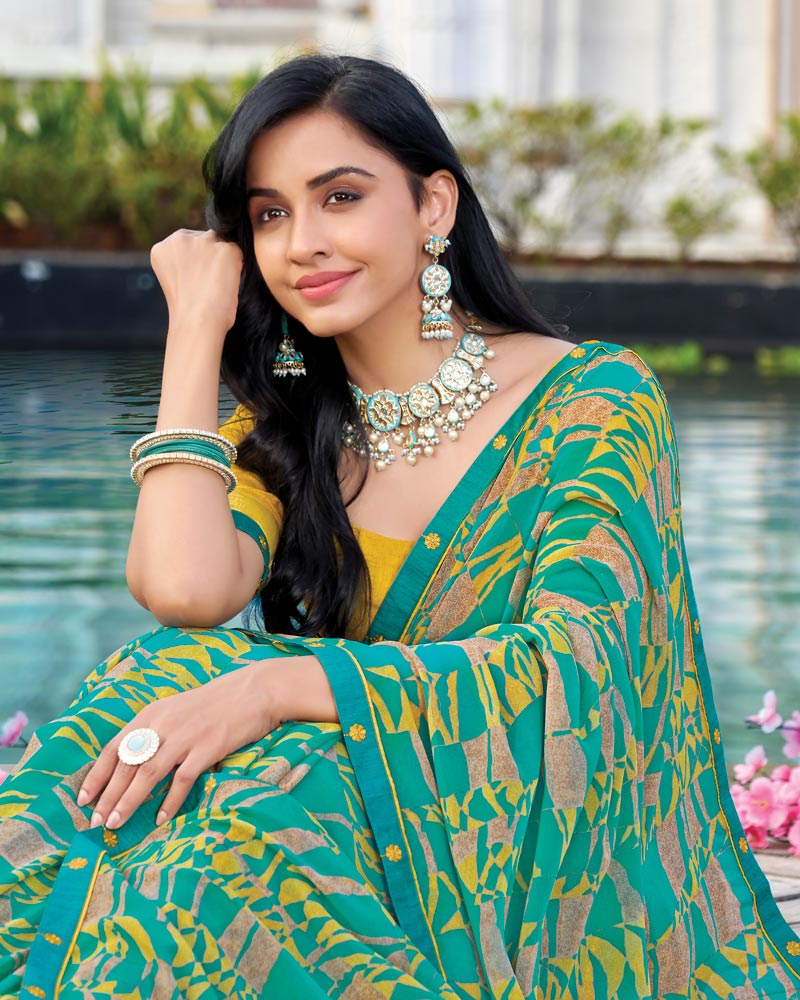 Vishal Prints Teal Green Printed Georgette Saree With Fancy Border