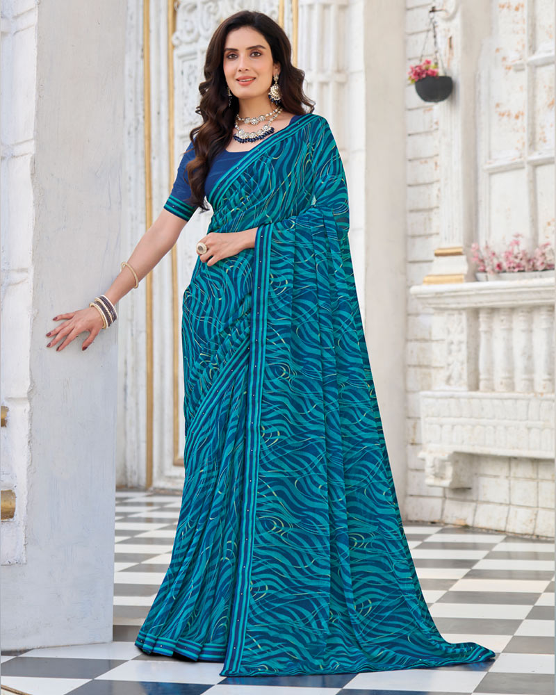Vishal Prints Prussian Blue Printed Georgette Saree With Fancy Border