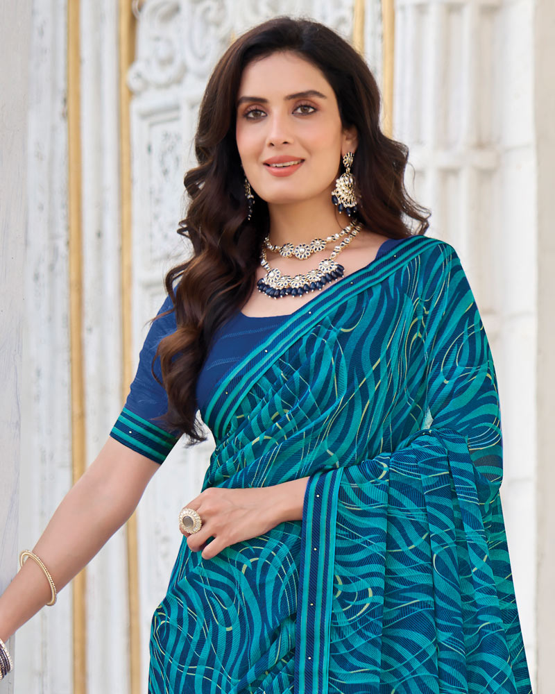 Vishal Prints Prussian Blue Printed Georgette Saree With Fancy Border