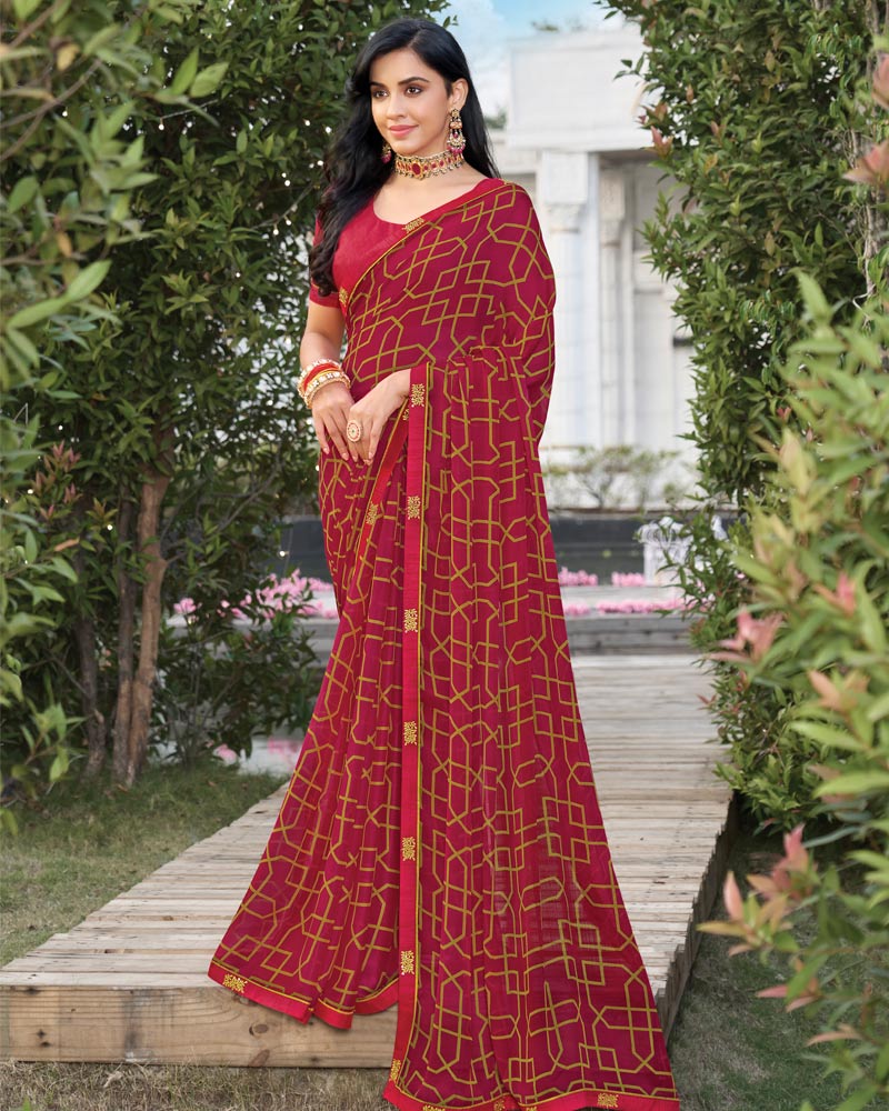 Vishal Prints Maroon Printed Chiffon Saree With Fancy Border