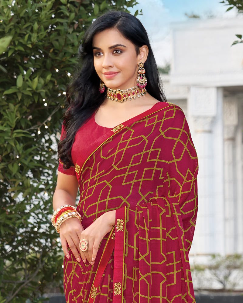 Vishal Prints Maroon Printed Chiffon Saree With Fancy Border