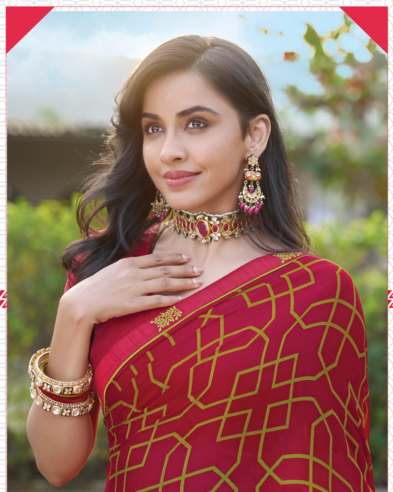 Vishal Prints Maroon Printed Chiffon Saree With Fancy Border